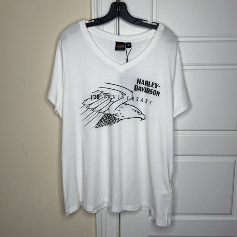 Harley Davidson Women's V Neck White Shirt 120th‎ Anniversary Large Eagle Design